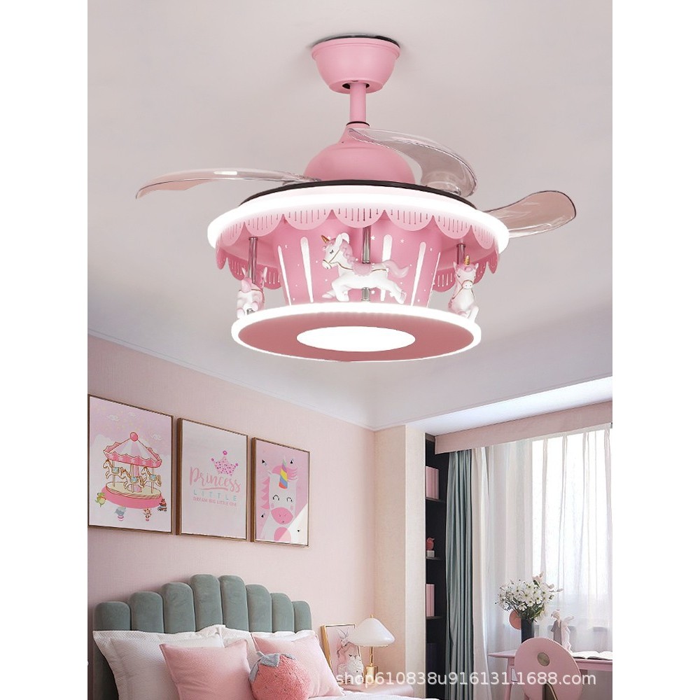 Lampu Kipas Plafon Pink Kamar Anak Perempuan Bentuk Kuda LED Lampu Plafon Kamar Tidur Cantik Modern
