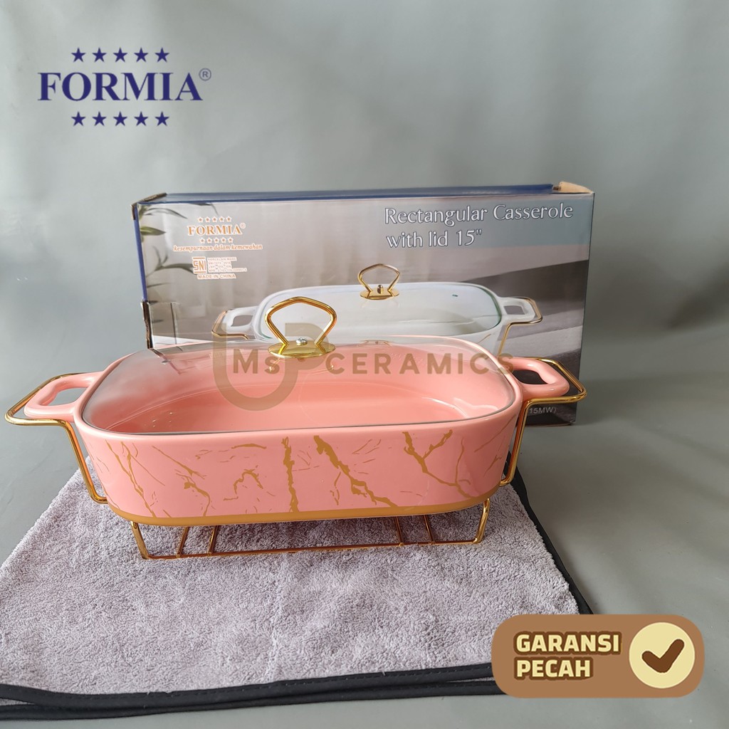 FORMIA Tempat Prasmanan Keramik Rectangle Casserole Pink Marble 15 Inch Stand Cantik Aesthetic Bermo