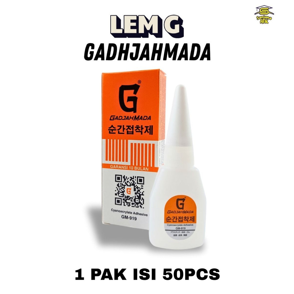 

(1 Pak = 50 pcs) Lem G GadjahMada GM-919 Lem Super Kuat Cyanoacrylate Adhesive