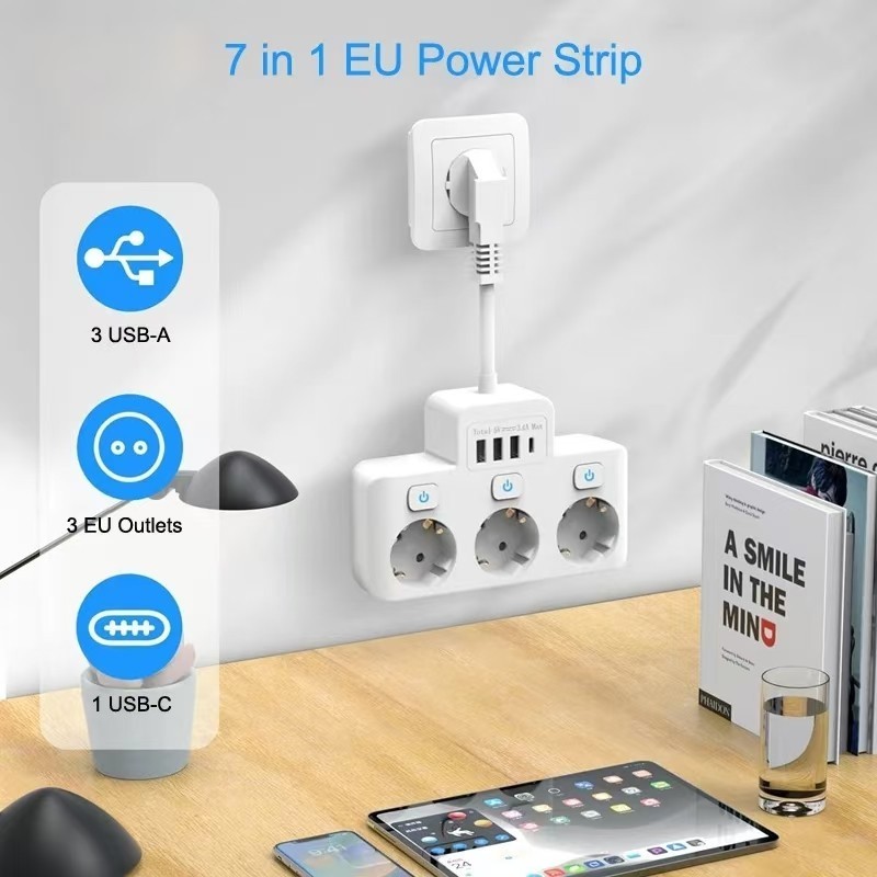 

European Plug Adapter with USB Ports Travel Use Plug Adapter Type-C Power Strip Stop Kontak 3 Power Sockets 4 USB Charger COD Terlaris