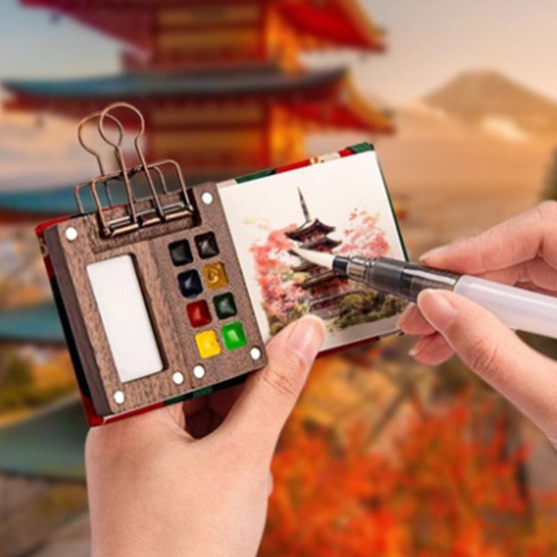 

Mini Walnut Wood Watercolor Palette Portable Paint Box With Clip Sketchbook Palette Travel Painting Paint Tray Art Supplies