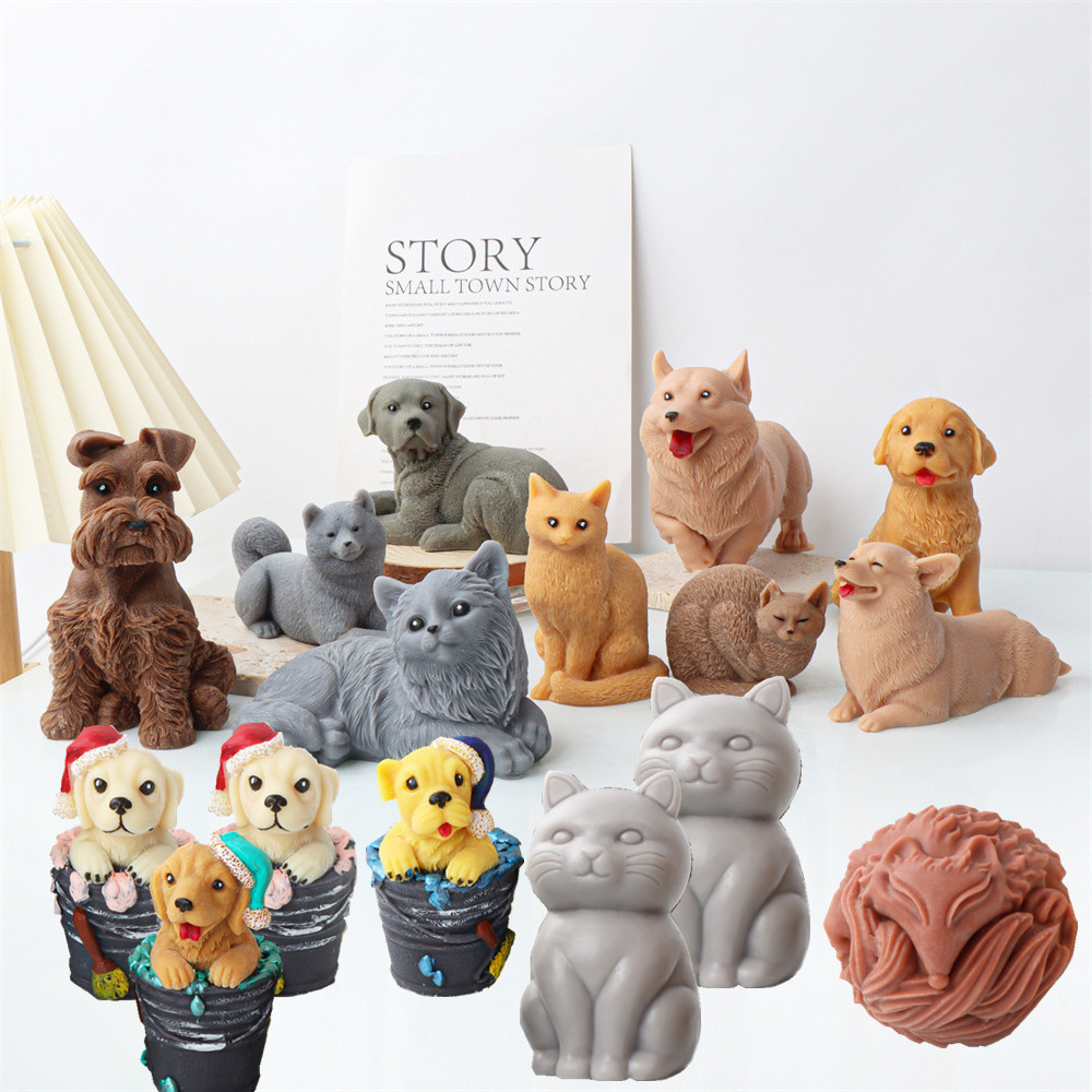 

3D Cute Maine Cat Teddy Puppies Candle Mold Silicone Shih Tzu Dog Gypsum Resin Mould Plump Fox Ball Plaster Making Decor Gifts