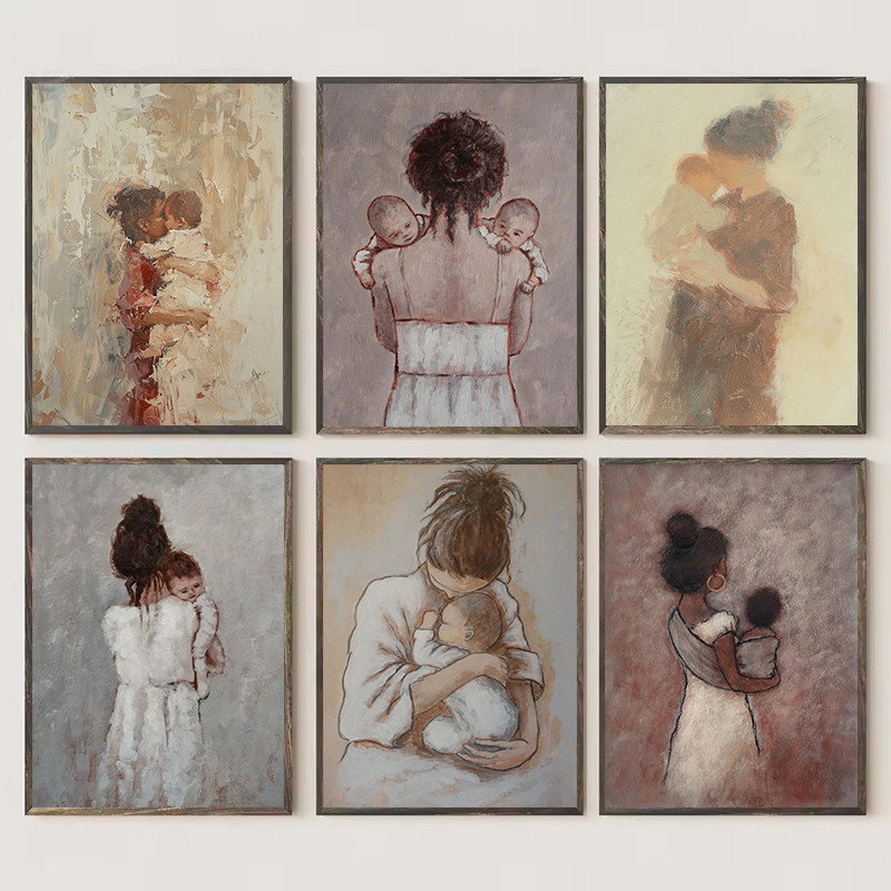 

Retro Watercolor Mother and Child Motherhood Fine Art Nordic Poster Canvas Painting Wall Pictures Home Kid's Room Decor Gift