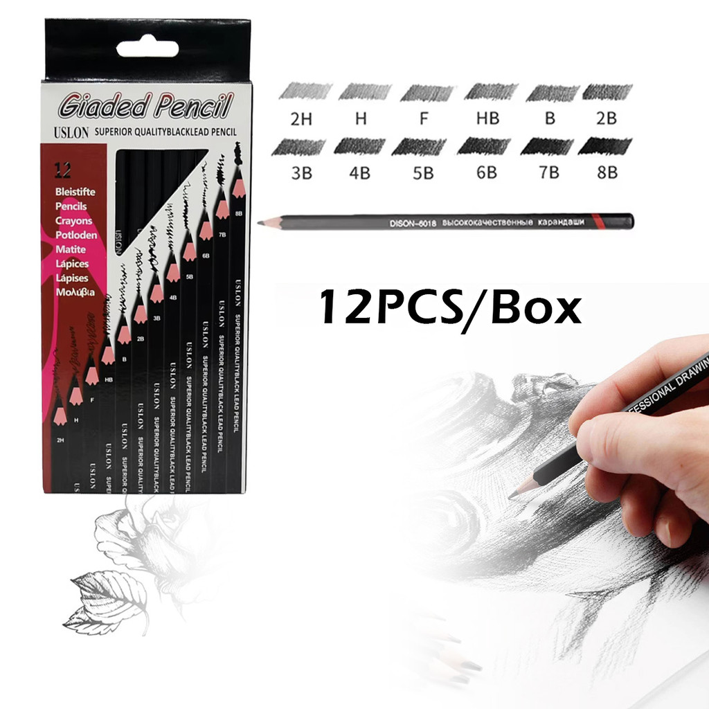 

Pensil sketsa, desain anti-gigitan dengan ujung pena, set sketsa 12 pensil gambar 2H-8B dalam kotak kertas