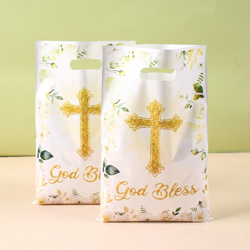 

10/20/50pcs Elegant Floral Cross Gift Bags God Bless Themed Party Favor Bags for Birthday Wedding Favors Candy Cake Packing Bags