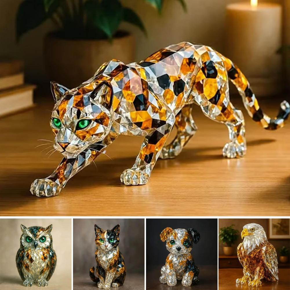 

Fake Crystal Animal Sculpture Clear Glass Dog Cat Owl Eagle Leopard Figurine Statue Home Office Desktop Decoration Ornament