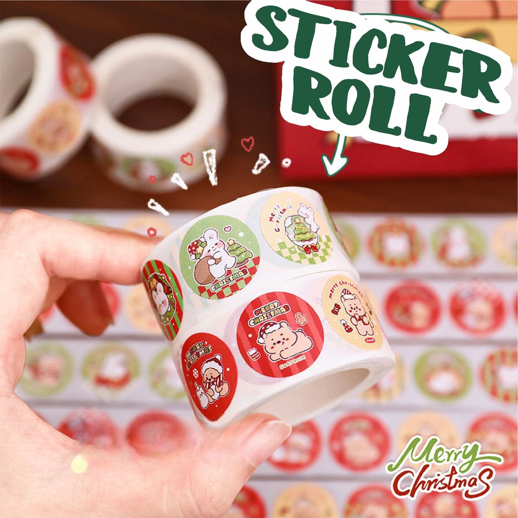 

Sticker Roll Christmas Natal Xmas Isi 300 PCS Rabbit dan Bear Bulat Cute Stiker DIY Roll A-SK004