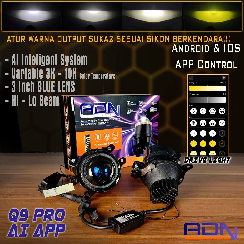 ADN Q9 Pro AI APP series Foglamp 3 INCH Projector Biled Hi Low 3K - 10K | CONTOL VIA HP | TOYOTA FOR