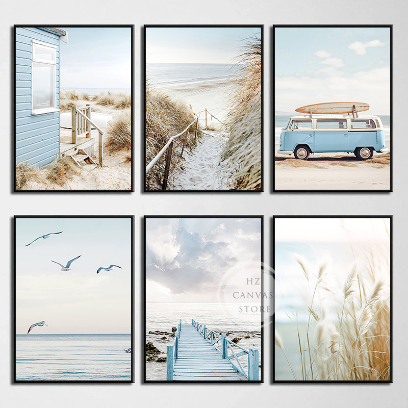 

Boho Bea Ocean Landscape Posters and Prints Canvas Painting Coastal Pampas Grass Wall Art Picture for Living Room Home Decor