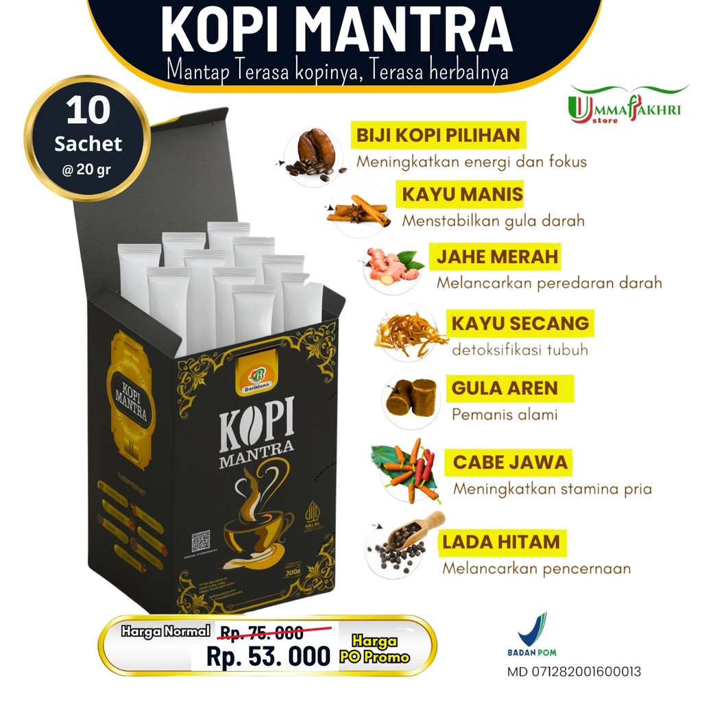 

Kopi Mantra – Kopi Herbal Rempah untuk Pria & Wanita | Aman untuk Lambung | 10 Sct | BPOM Halal