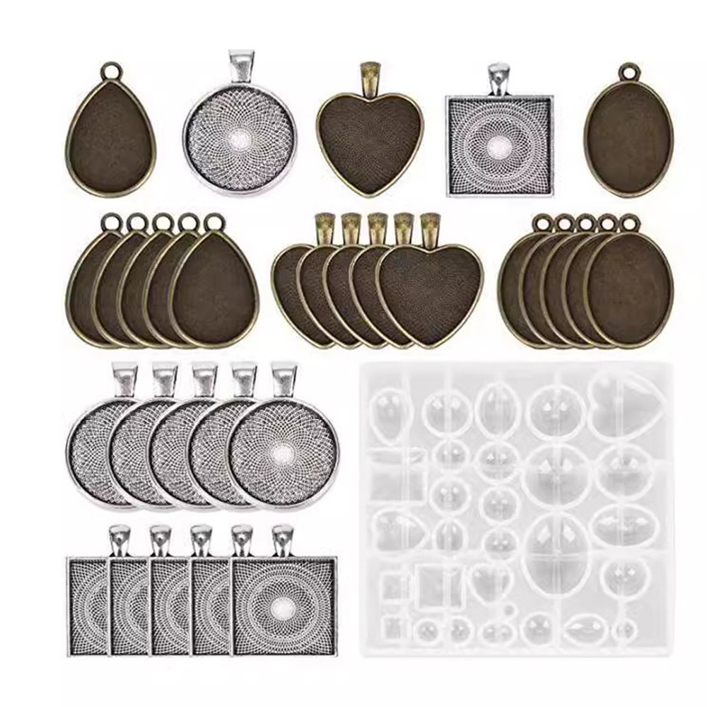 

31pcs Resin Jewelry Molds Pendant Trays Making Kit with 30Pcs 5 Styles Metal Pendant and 1 Pc Silicone Epoxy Jewelry Casting