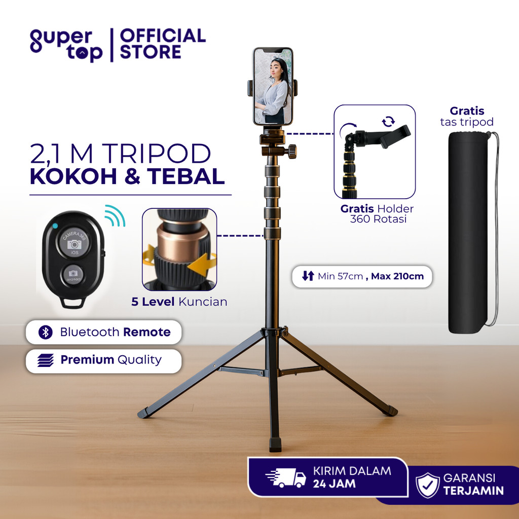 Tripod Hp Besi 2,1 Meter Premium 360 Rotasi Remote Selfie Free Tas / Tripod Stand Live Ngonten Kokoh