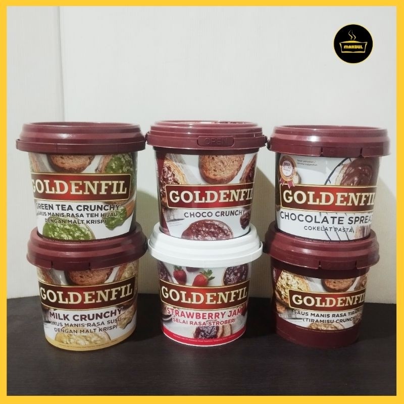 

Goldenfil Choco Crunchy, Green Tea Crunchy, Milk Crunchy, Chocolate Spread, Tiramisu Crunchy, Strawberry Jam 1KG