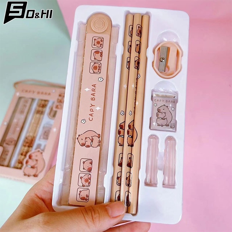 

8 In 1 Capybara Cartoon Animals Pencil Ruler Eraser Sharpener Stationery Set Student School Office Writing Supplies Kids Gift