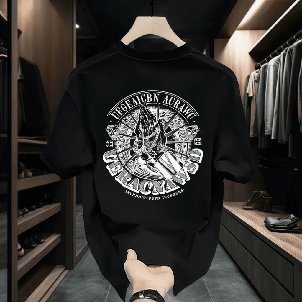 Hitam Putih Atasan Putih Santai Kaos Lebar Pria Gaya Korea, Katun, Brand Trendi Amerika, Desain Mode