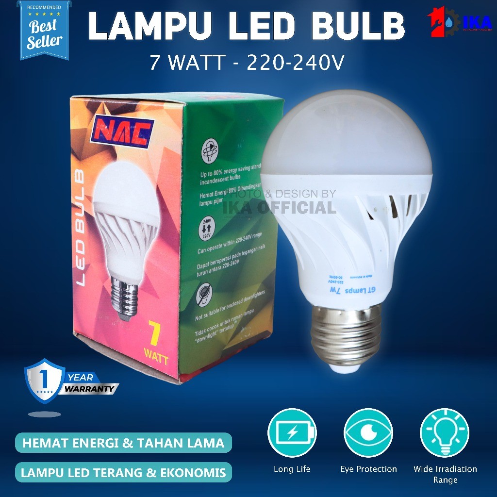 NAC / GT LAMPS - Lampu Bohlam LED Bulb Murah 7 Watt - Cahaya Putih Model bulat lebih terang daripada
