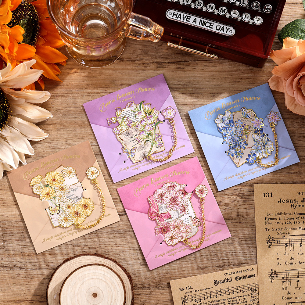 

1 pc Vintage Flowers And Poetry Metal Bookmark With Exquisite Metal Chain Pendant Bookmark Stationery Supplies For Birthday