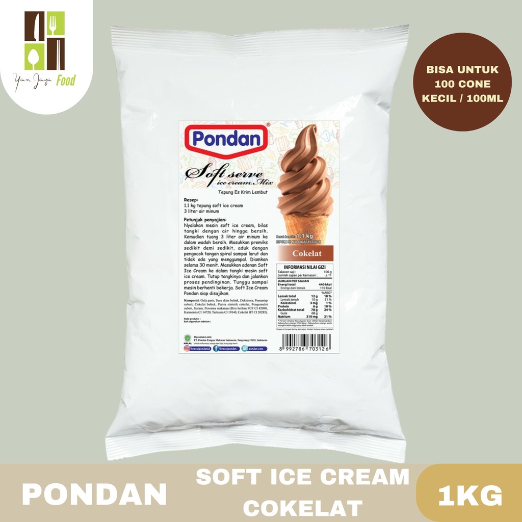 Pondan Soft Serve Ice Cream 1Kg Powder Eskrim Rasa Cokelat / Pondan Premix Es Krim Cone Coklat