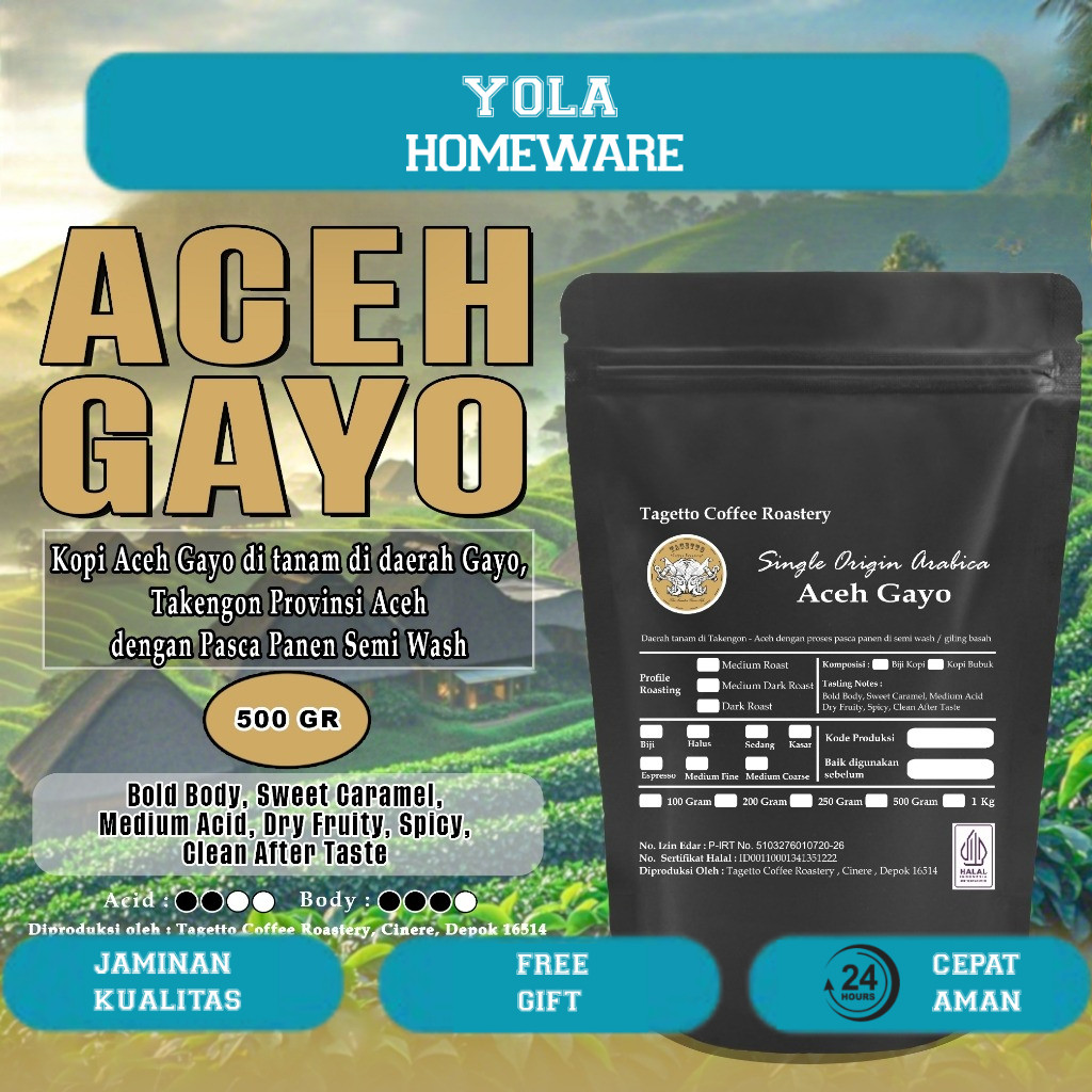

BIJI KOPI ARABIKA ACEH GAYO 500GR | SPECIALTY ARABICA BEAN GROUND BUBUK 500 GRAM TAGETTO COFFEE