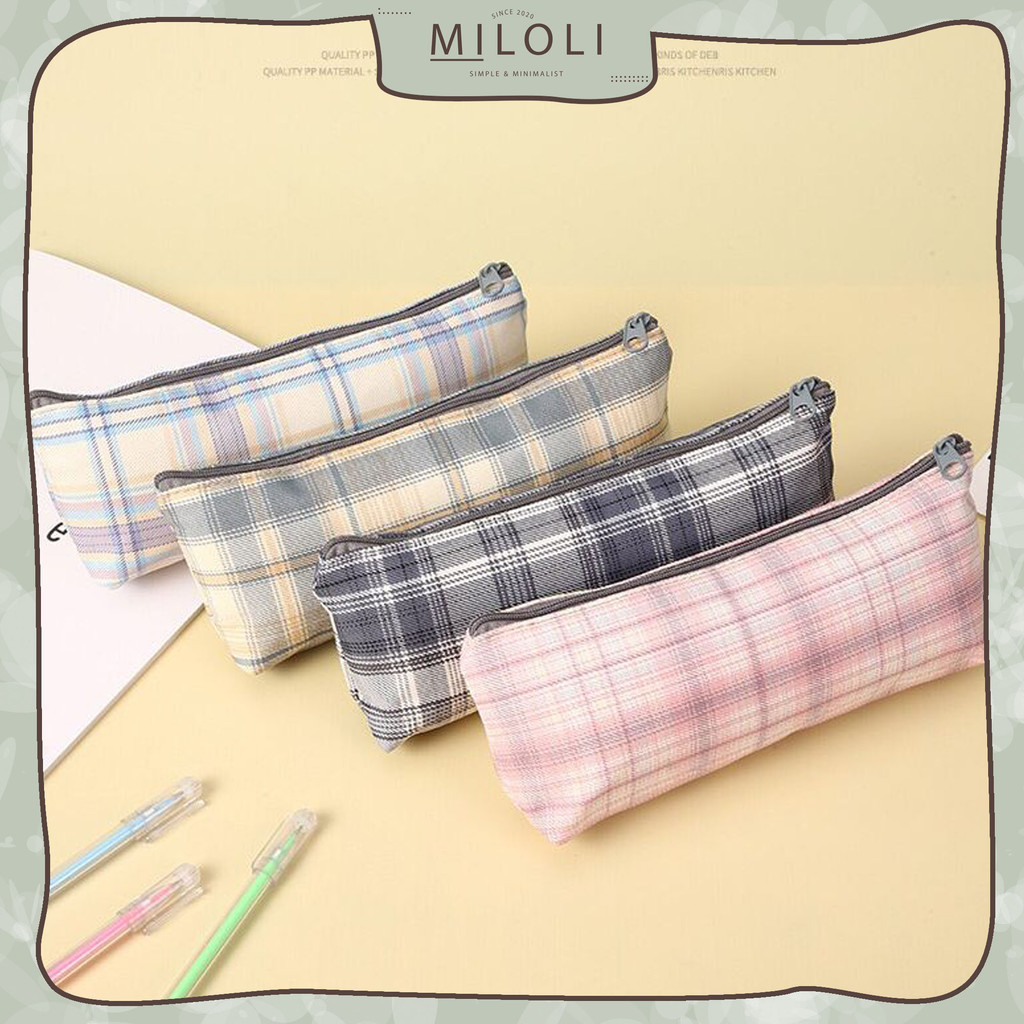 

[MILOLI] Kotak Pensil CANVAS ZIP PLAID PATTERN Portabel Multifungsi Style Stationery - F0274