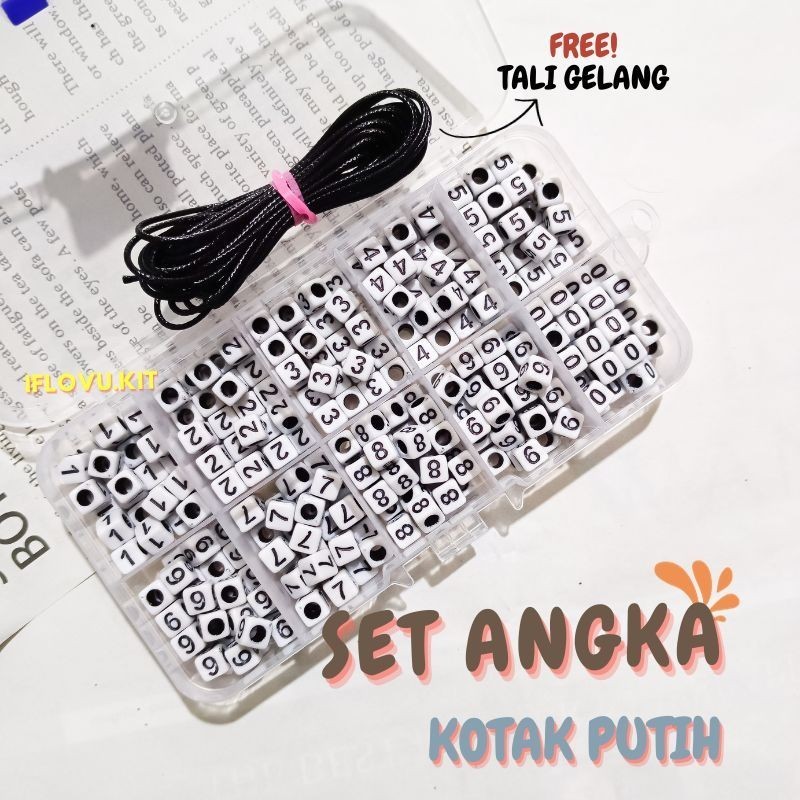 Bahan DIY Set Manik Manik Angka Kotak + Tali Gelang Hitam + Box Sekat | Manik Mote DIY Cincin Gelang