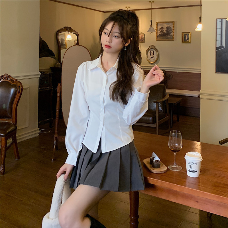 ABESTONE Blus Putih Polos Lengan Panjang Premium Atasan Wanita