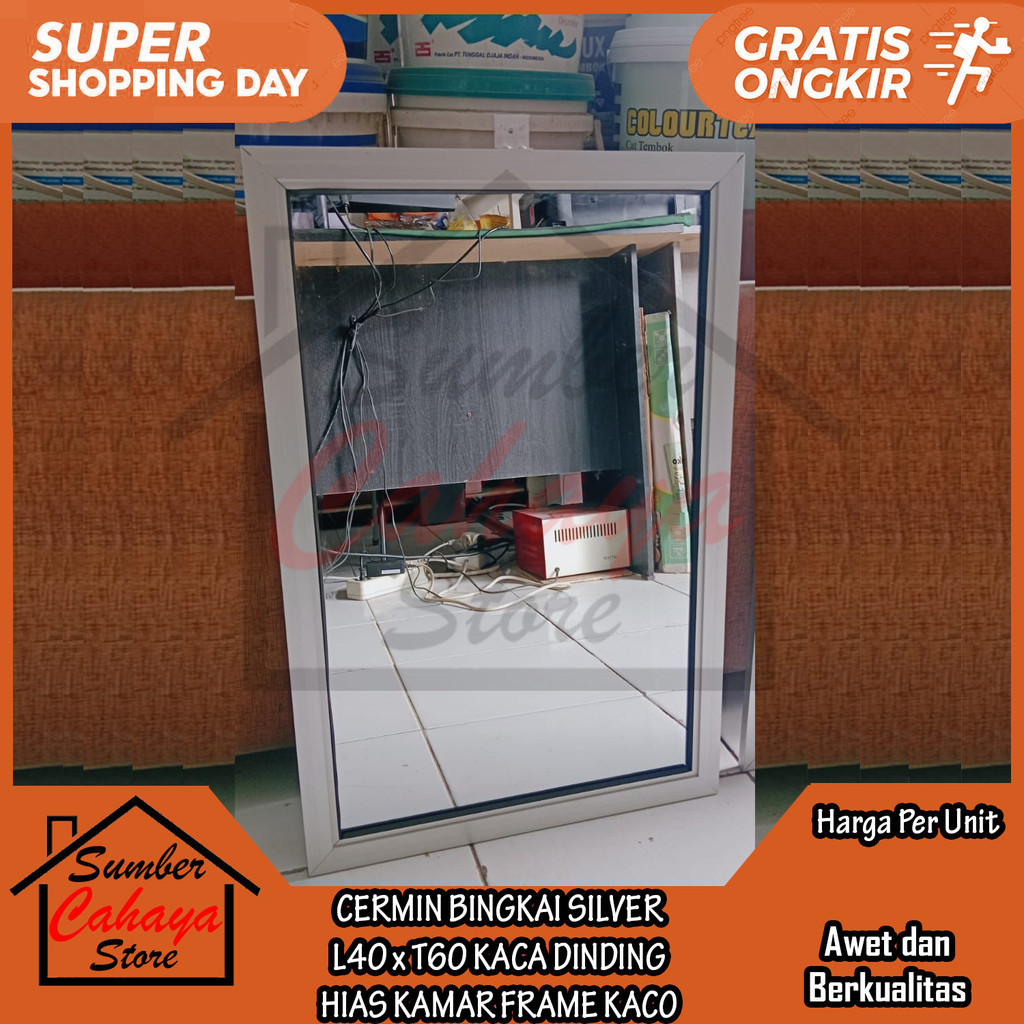 Cermin Bingkai Silver L40 X T60 Kaca Dinding Hias Gantung Tembok Kamar Persegi Frame Lis List Alumun