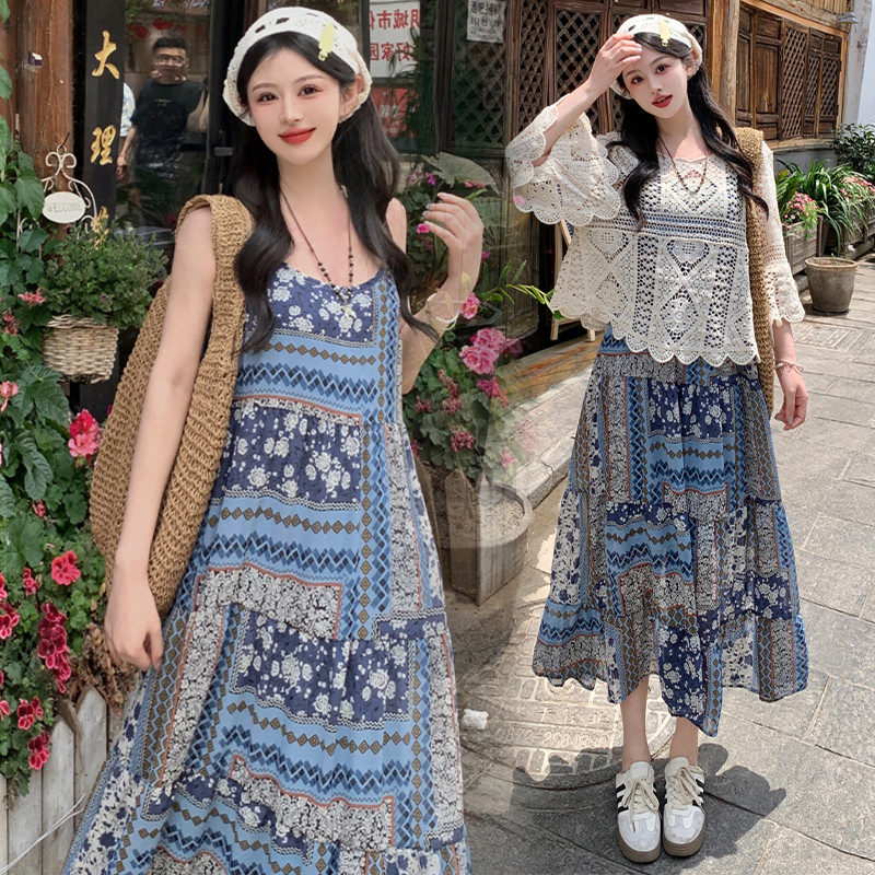 Bohemian Retro Vacation Suspender Dress Chiffon plus Size Floral Dress