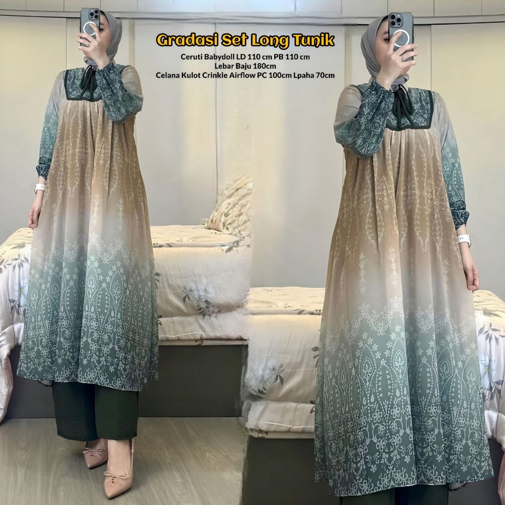 Gradasi Set Long Tunik - One Set Wanita Tunik Ceruti Babydoll Baju Setelan Kekinian Celana Kulot