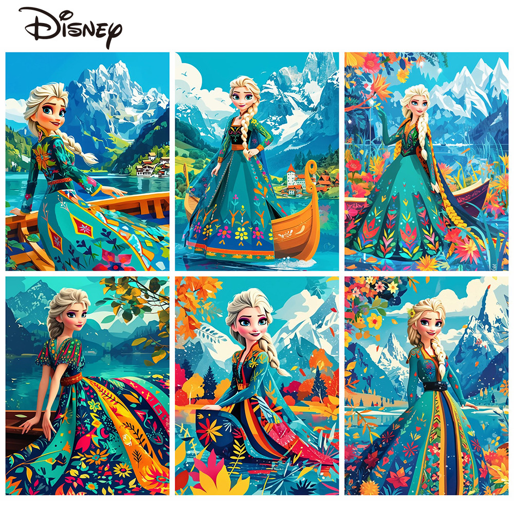 

Disney DIY Oil Painting Elsa Princess Pictures By Numbers Mountain Coloring Picture Cartoon Drawing on Canvas Wall Decor