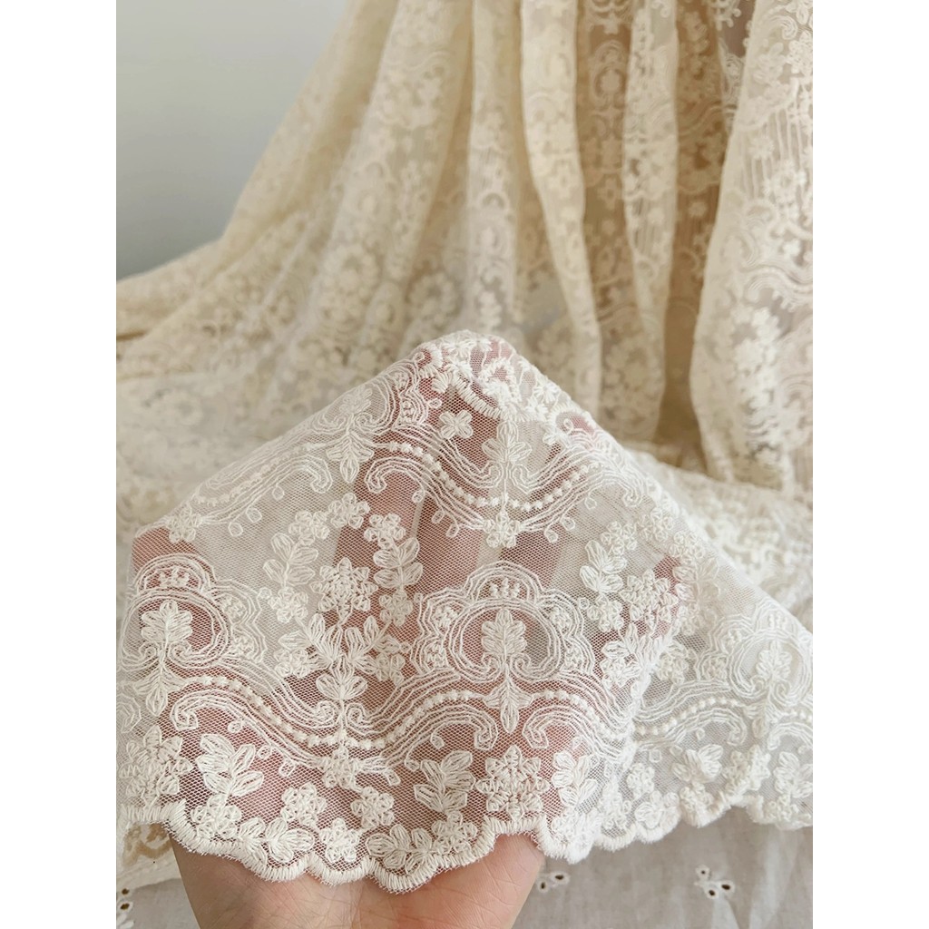 

Ultra delicate apricot cotton mesh embroidery lace fabric Vintage elegant embroidered fabric DIY skirt curtain tablecloth