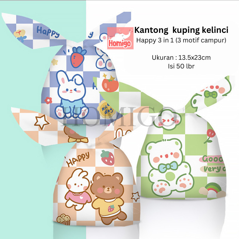 

Homigo Isi 50 pcs Kantong Plastik Kuping Kelinci Lucu Souvenir Hadiah Snack Kue Permen Goodie Bag Bingkisan Ulang Tahun