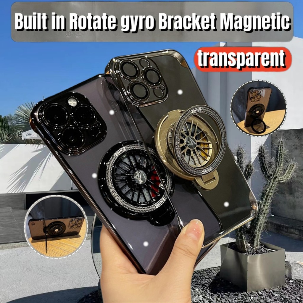 with Rotate Gyro Bracket Plating Framess Magnetic Case for iPhone 11 12 13 14 15 Pro Max PC Hard Cas