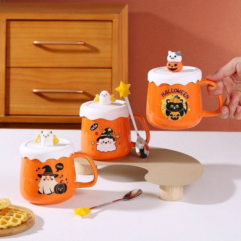 

Halloween Ceramic Mug with Lid Spoon Gift Coffee Cup Set Breakfast Cup Halloween Gift for Friend Family