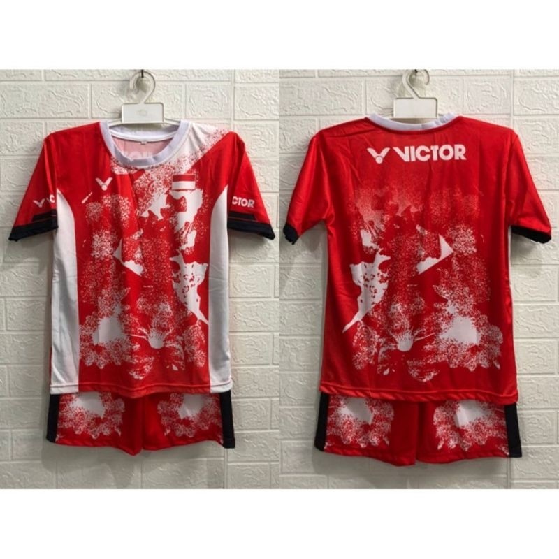 Setelan baju jersey anak olahraga badminton voly takraw futsal printing kids warna merah abstrak
