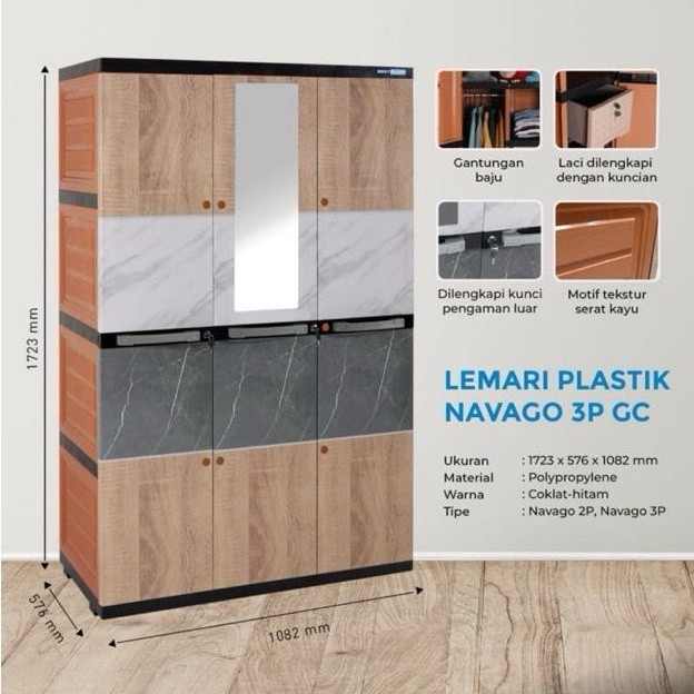 BESTPLAST - lemari plastik 3P (Full Rak / Hanger + KUNCI + KACA) | Lemari Plastik Bestplast 3 Pintu 