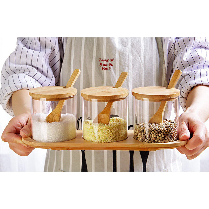 SALE Tempat Bumbu Unik KACA KOMBI KAYU isi 3 tempat bumbu + 1 wadah kayu Set Tempat Bumbu Kaca Perle