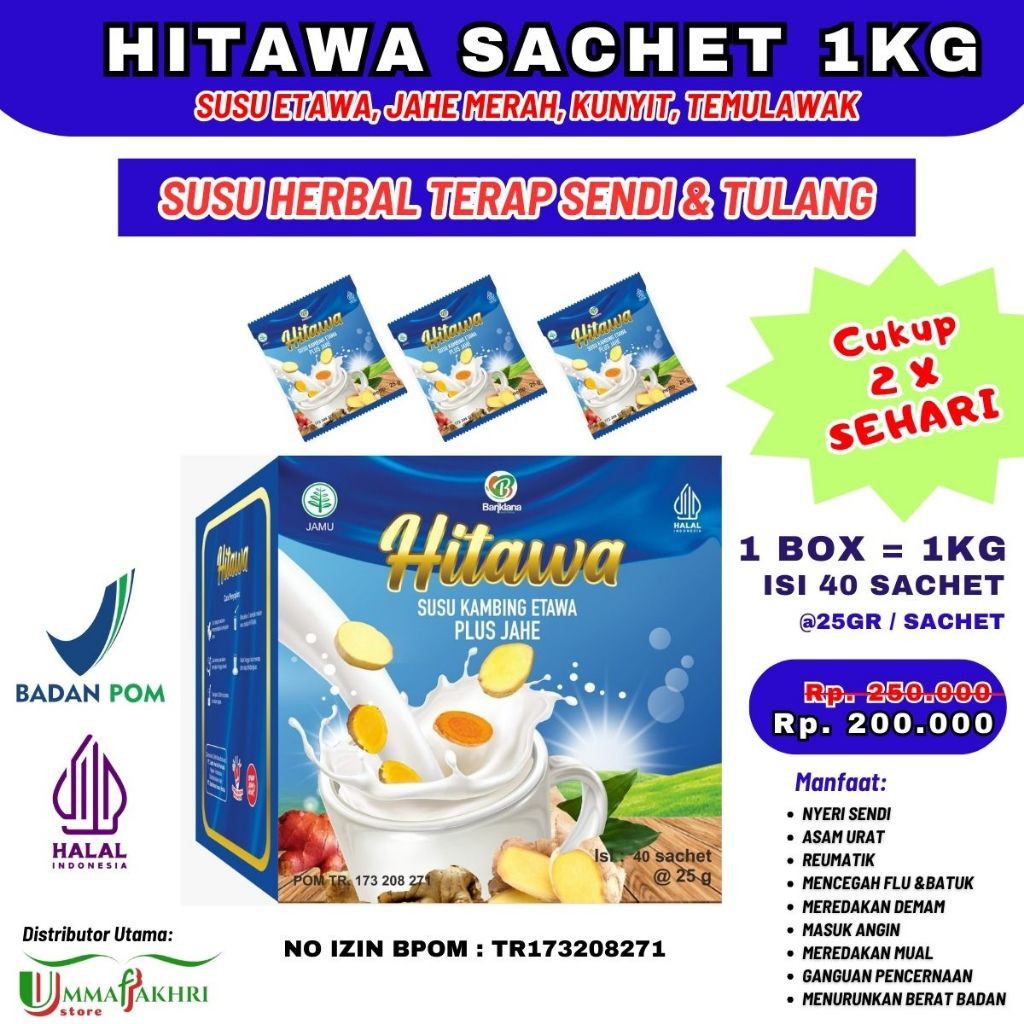 

HITAWA SACHET / Netto 1KG isi 40 Pcs / Susu Etawa Plus Herbal Jahe Kunyit Temulawak