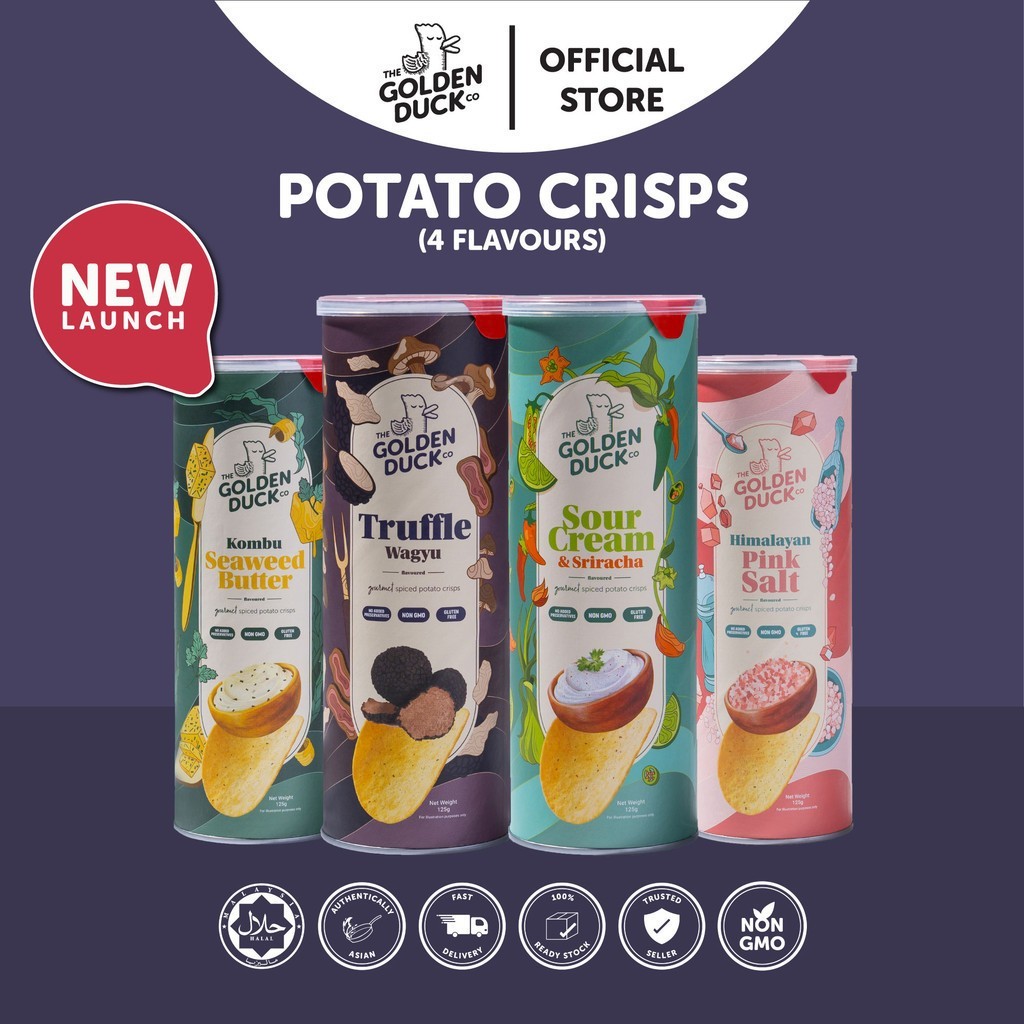

Snack Kentang The Golden Duck Potato Crisps (Himalayan Pink Salt / Truffle Wagyu / Sour Cream Sriracha / Kombu Seaweed Butter) asal Singapore