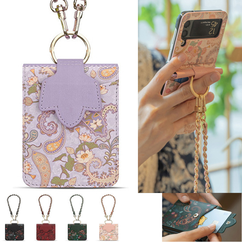 Korea Leather Samsung GALAXY {Z Flip 5}{Z Flip 4}{Z Flip 3} Telepon Case Hand Strap Card Pocket Diar