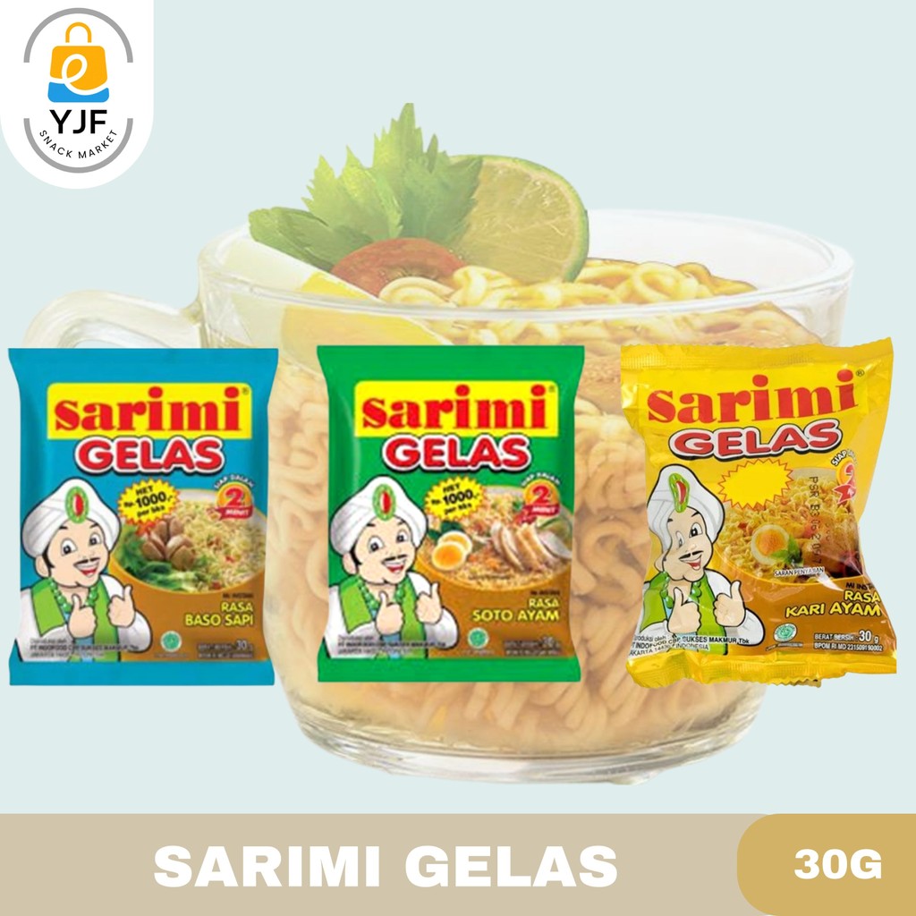 

Sarimi Gelas Kemasan 30g 1RCG/10PC Rasa Baso Sapi / Soto Ayam / Kari Ayam / Mie Instan / Mie Gelas / Mi Gelas