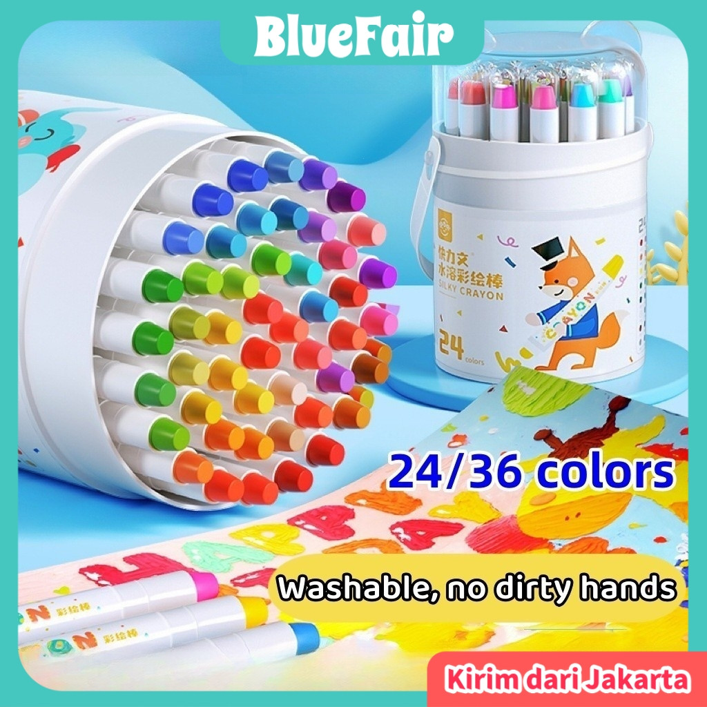

【Free Brush】 BlueFair Crayon Putar Washable Silky Crayon 12/24/36/48 Warna Colorful Bucket Krayon Mewarnai Alat Warna Set Anak Wipe and CleanCO
