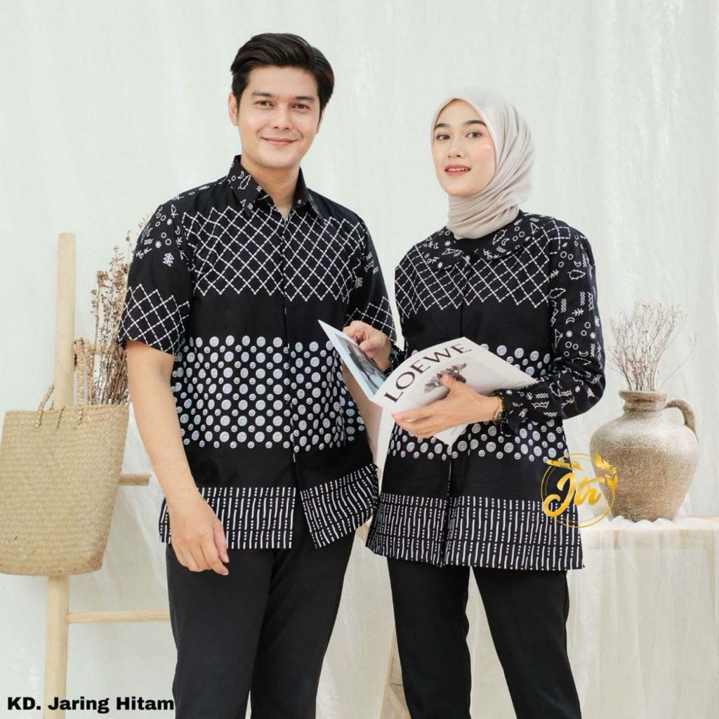 Kemeja Blouse Batik Pria Wanita Motif Pagar Jaring Hitam Putih Katun Panjang Kantor Formal Kekinian 