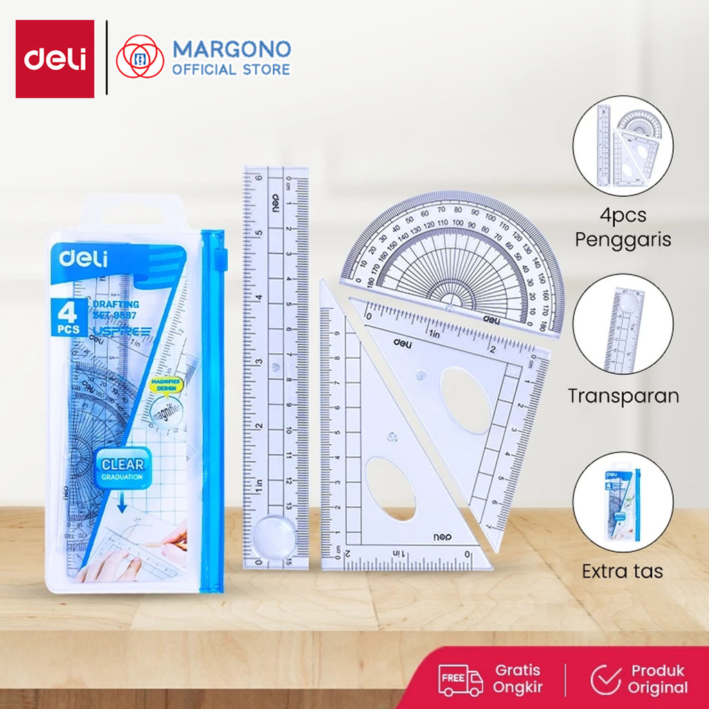 

Deli Set Penggaris 4 pcs - Persegi Busur Derajat | PS tembus berkualitas, tahan lama E9597