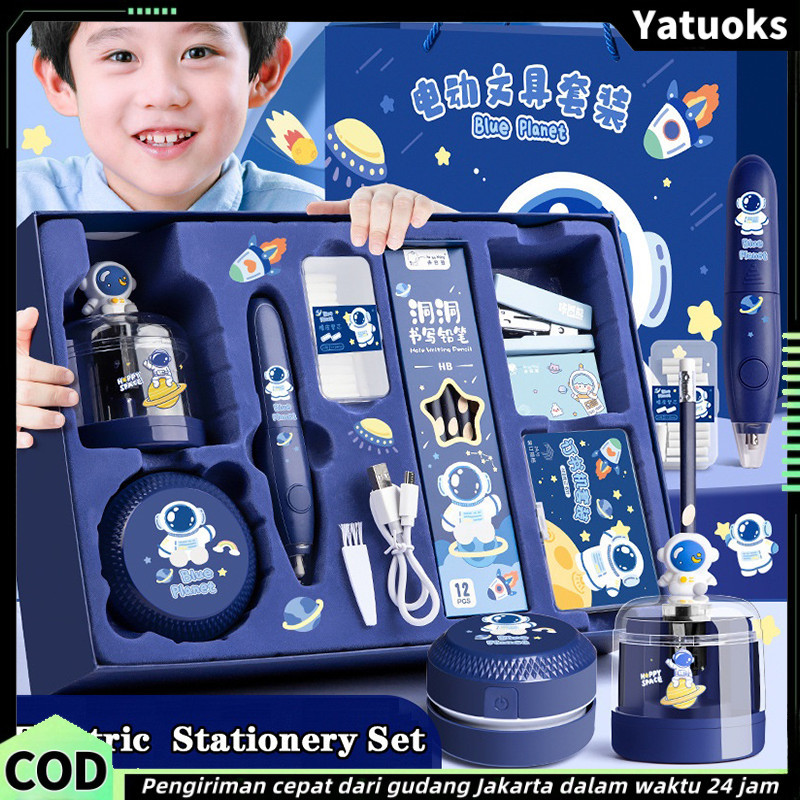 

New 12 IN 1 Set Perlengkapan Alat Tulis Otomatis/Set Alat Tulis Listrik/Hadiah untuk anak-anak/Kit Alat Tulis Elektrik Kemasan Mewah/Rautan Penghapus VacuumPremium