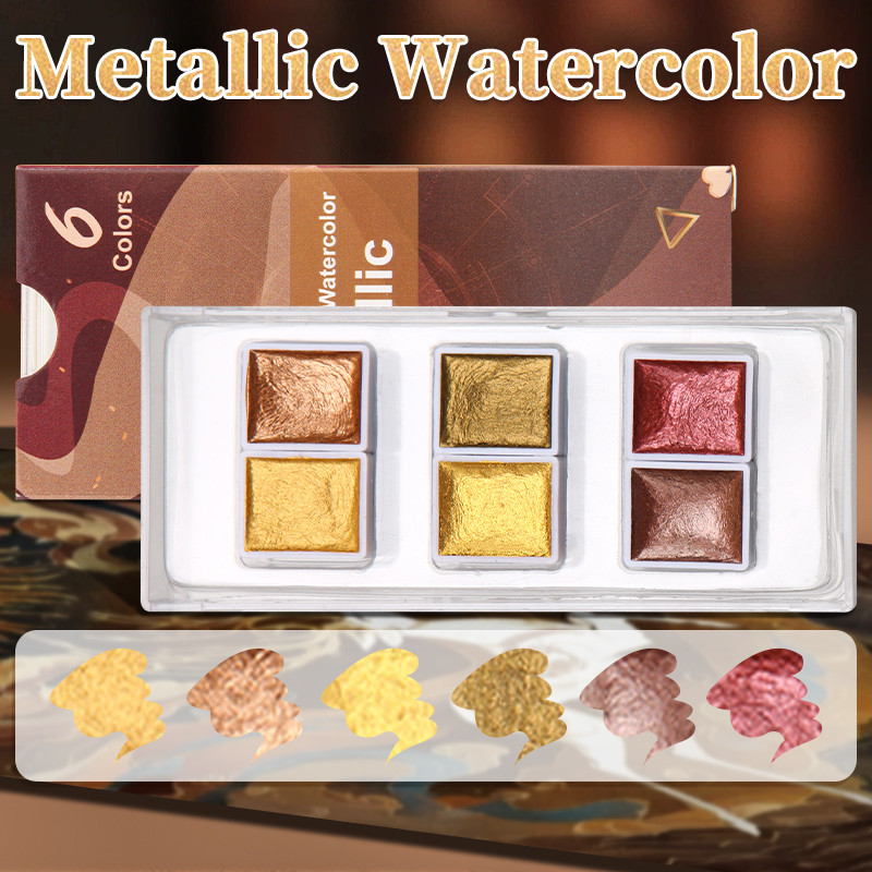 

6 Colors Metallic Watercolor Glitter Solid Pigment,Professional Flash Golden Slivery Starry Iridescent Paints for Adults,Artists