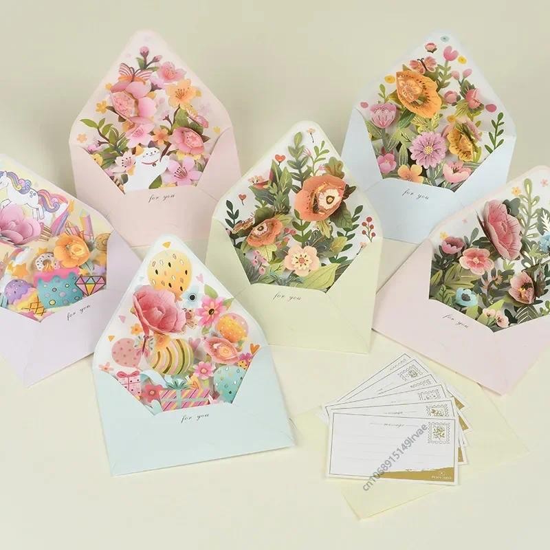 

3D Pop-up Flowers Postcard with Envelope Romantic Flower Birthday Card Paper Greeting Cards Blessing Message Card