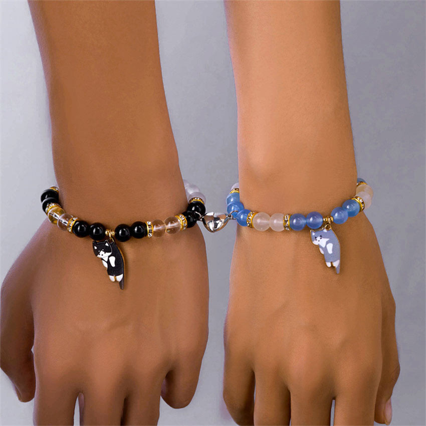 Gelang Manik Couple Pasangan Magnet Hati Liontin Kucing Cute Cat Couple Bracelet