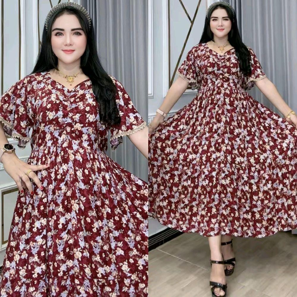 Cesila – Baju Wanita Dress Katun Rayon Lengan Pendek Serut Depan Tali Pinggang Elegan Bawah Lebar