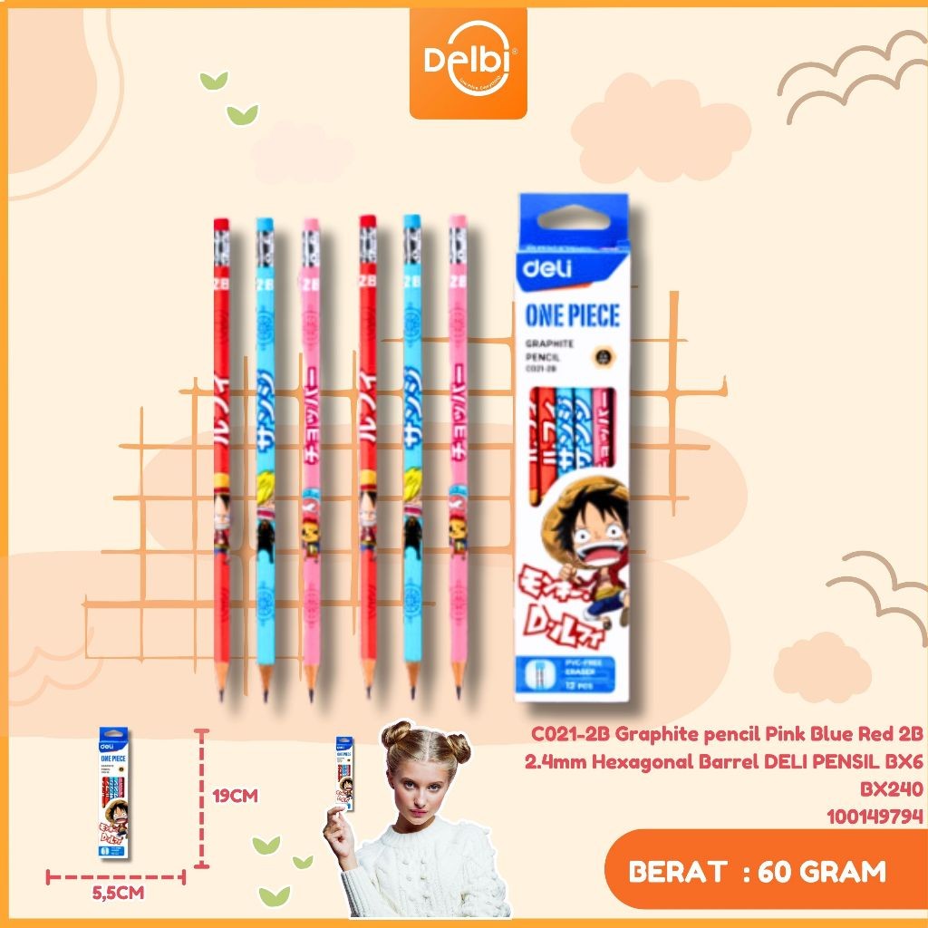 

Deli One Piece Graphit Pencil / Pensil Kayu Grafit 2B Lucu Kartun One Piece Free Penghapus 12 Pcs / Box EC021-2B C021-2B Graphite pencil Pink Blue Red 2B 2.4mm Hexagonal Barrel